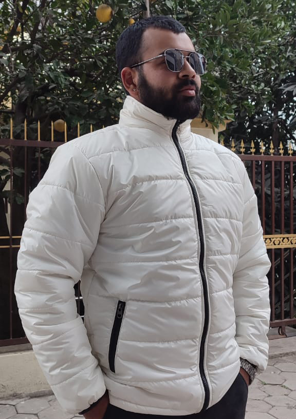 Mens Lightweight Wind/Dust Proof Puffer Stand Collar Winter Warm Jacket Cream White